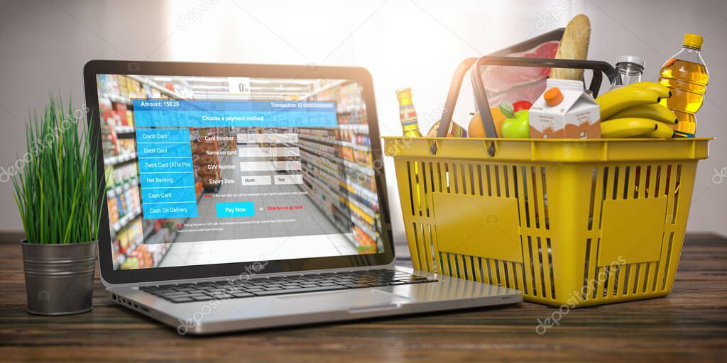 Shopping basket with food and laptop with interface of payment online on the screen. Online ordering and delivery food concept. 3d illustration