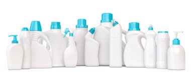 Beyaz zemin üzerinde kimyasal temizlik ürünü olan deterjan plastik şişeleri. 3d illüstrasyon