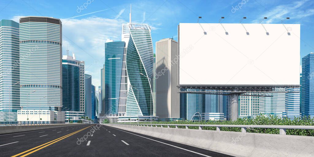 Blank billboard near highway to downtown city with skyscrapers. 3d illustration