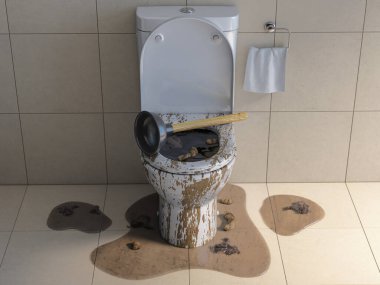 Tıkanmış tuvalet kapağı ve plastik tesisatçı. 3d illüstrasyon