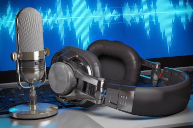 Ev müziği ya da podcast stüdyosu. Kulaklıklı mikrofon bilgisayarda ve ekranda dalgalar var. 3d illüstrasyon