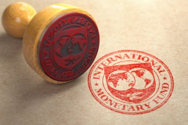 IMF Uluslararası Para Fonu dilimi onaylı konsept. IMF işaretli lastik damga. 3d illüstrasyon