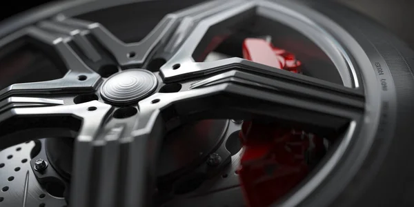带盘式制动器的合金汽车车轮 背景紧密 3D说明 — 图库照片