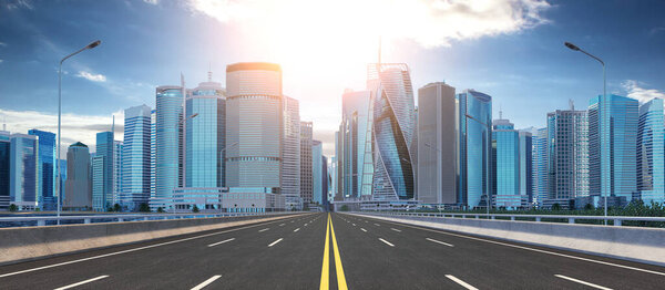 Road and skyscrapers. Highway to modern city downtown, office and commcercial center. 3d illustration