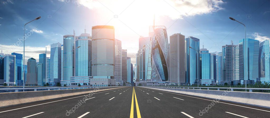 Road and skyscrapers. Highway to modern city downtown, office and commcercial center. 3d illustration