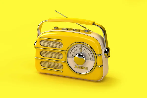 Yellow vintage radio on yellow background. 3d illustration