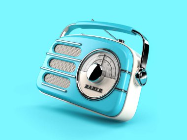 Mavi arka planda mavi vintage radyo. 3d illüstrasyon