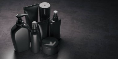 Siyah lüks kozmetik ürünler seti. Sprey, yağ, tüp kremi, şişe spreyi, losyon, şampuan, jel banyosu ve siyah arka planda sıvı sabun. 3d illüstrasyon.