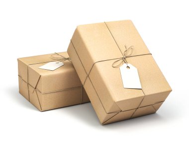 Beyaz üzerine boş etiket iliştirilmiş el işi kağıtlarla sarılı paket kutusu. 3d illüstrasyon