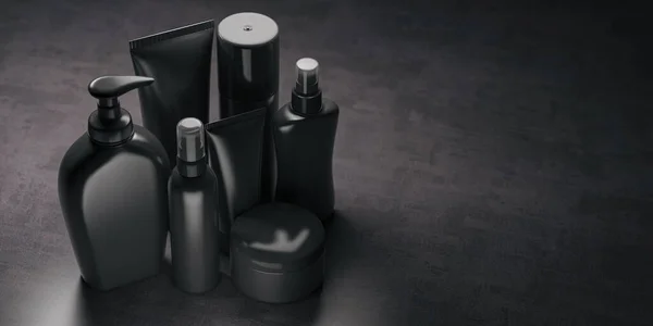 Zestaw Czarnego Luksusowego Produktu Kosmetycznego Spray Olej Krem Rur Dozownik — Zdjęcie stockowe