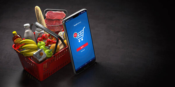 Shopping basket with fresh food and smartphone or mobile. Grocery supermarket, food and eats online buying and delivery concept. 3d illustration