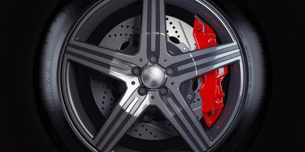 黑色底座上有红色断裂带的汽车车轮 3D说明 — 图库照片