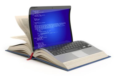 Javascript, PHP, CSS, XML, HTML programlama dili öğrenilmesi. Dizüstü bilgisayar ve ekranında programlama kodu olan bir kitap. 3d illüstrasyon