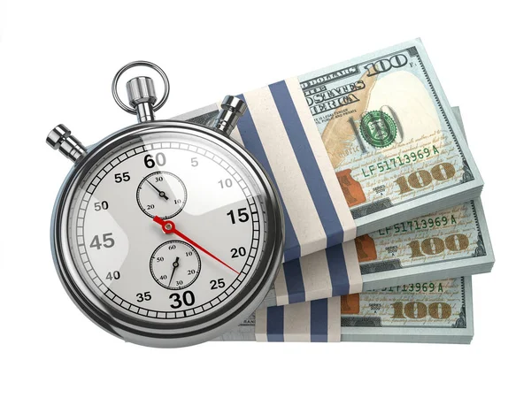 Beyazın Üstüne Izole Edilmiş Dolar Desteleri Olan Bir Kronometre Hızlı — Stok fotoğraf