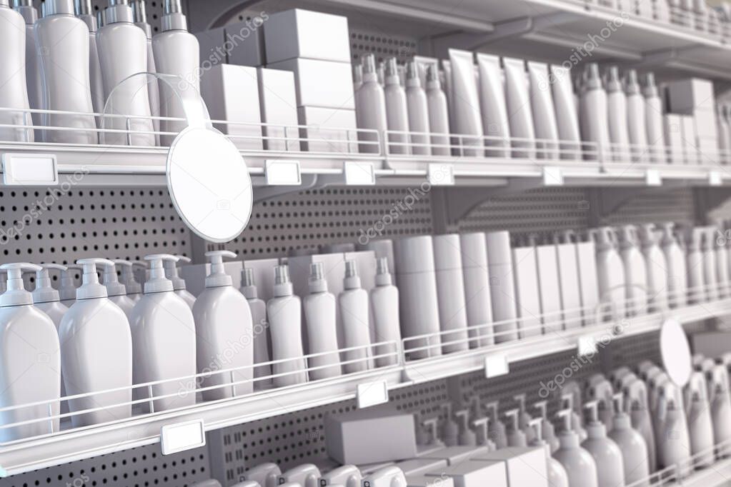 White supermarket shelf with cosmetics products, bottles, tubes, boxes, personal care products. 3d illustration