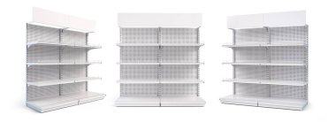 White empty supermarket or store shelf isolated on a white background. Retail shelf rack. Mock up template. 3d illustration clipart