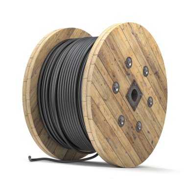 Tahta bobindeki siyah kablo elektrik kablosu ya da beyaz arka planda izole edilmiş makara. 3d illüstrasyon