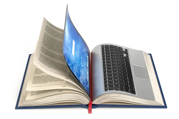 オンライン図書館 オンライン教育または電子学習インターネットの概念 ノートパソコンとブックのコンパイルを開きます 3Dイラスト — ストック写真