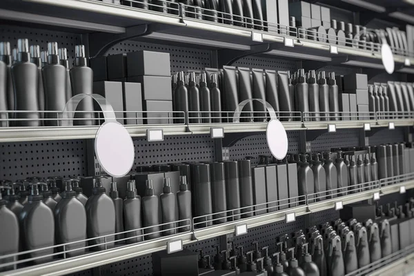 Rak Supermarket Hitam Dan Menampilkan Produk Kosmetik Botol Tabung Kotak — Stok Foto