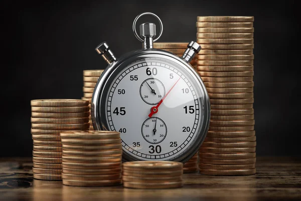 Time is money, deposit and inflation concept. Stack of gold coins with stopwatch on black background. 3d illustration