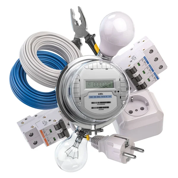 Elektrische Komponenten Und Geräte Isoliert Auf Weißem Hintergrund Stromzähler Glühbirne — Stockfoto