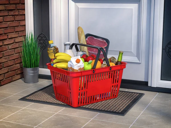 Food and eats online buying and delivery concept. Shopping basket with grocery in front of door. 3d illustration