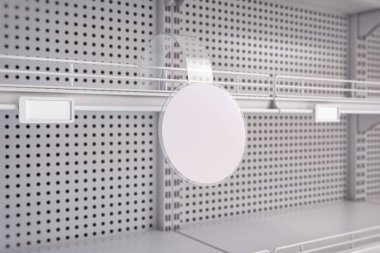Etiketli boş süpermarket rafları. Ürünün tanıtımı ve fiyatı, 3D illüstrasyon