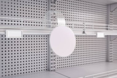 Empty white supermarket shelves with label tag. Promotion and price of product, 3d illustration clipart