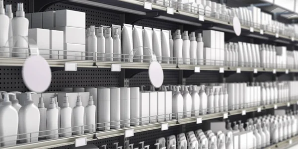 Bílé Regály Vitríny Kosmetickými Výrobky Lahvemi Trubicemi Krabicemi Výrobky Pro — Stock fotografie
