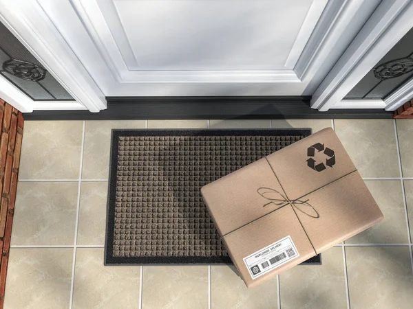 エクスプレス配達 電子商取引オンライン購入の概念 玄関近くのマットの上の小包箱 3Dイラスト — ストック写真