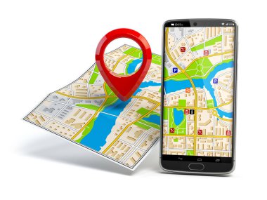 Şehir haritasında akıllı telefon ve broş var. Mobil GPS seyrüsefer ve turizm konsepti. 3d illüstrasyon