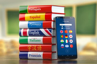 Mobil sözlük, çevirmen ve e-öğrenme. İnternetten dil öğreniyorum. Akıllı telefon ve dil kurslu kitaplar. 3d illüstrasyon