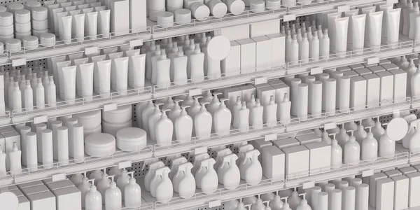 Белая Полка Супермаркета Косметикой Бутылками Трубками Коробками Средствами Личной Гигиены — стоковое фото