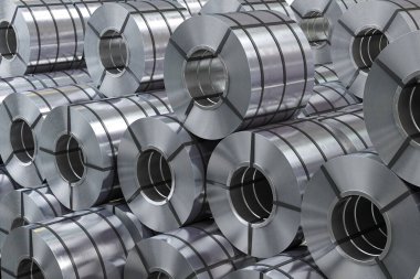 Metal levha ruloları. Zync, fabrikadaki depoda alüminyum ya da çelik levha var. 3d illüstrasyon