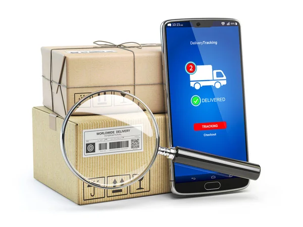 Smartphone Mit Pappschachteln Und Lupe Isoliert Auf Weißem Hintergrund Logistik — Stockfoto