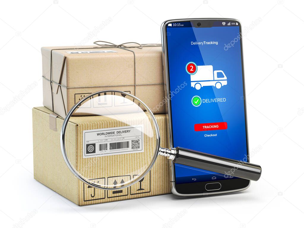 Smartphone with cardboard boxes and loupe isolated on white background. Logistics, delivery and online order tracking concept. 3d illustration