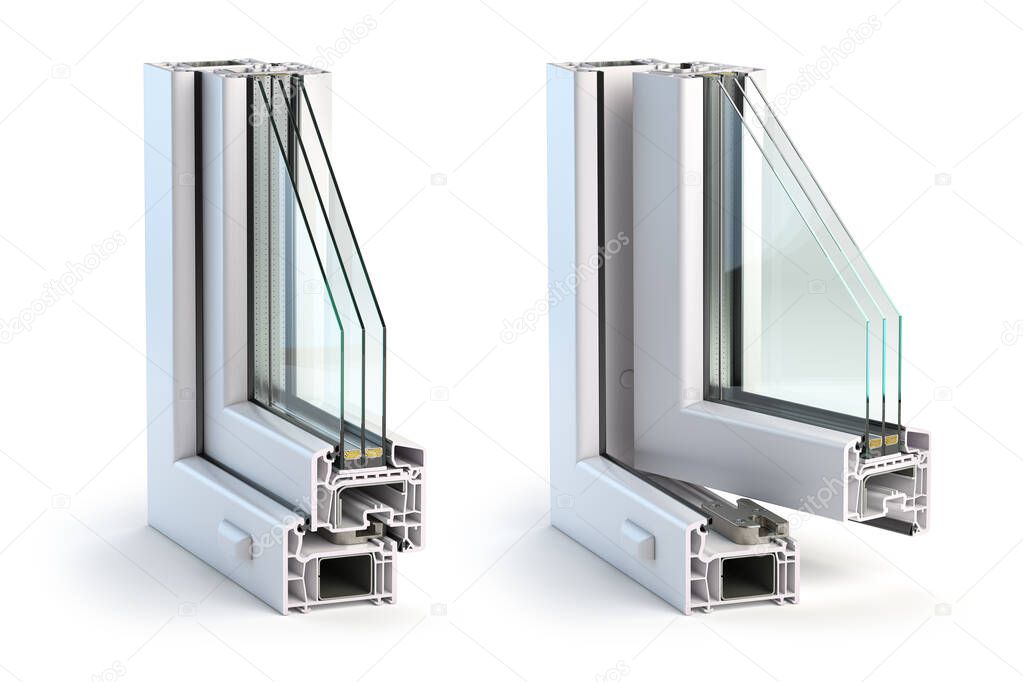 Cross section of plastic windows profile PVC isolated on white background. Open and closed window, ross section. 3d illustration