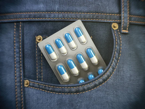 Kot Pantolonun Cebinde Toplayan Haplar Tıbbi Reçete Uyuşturucu Bağımlılığı Konsepti — Stok fotoğraf