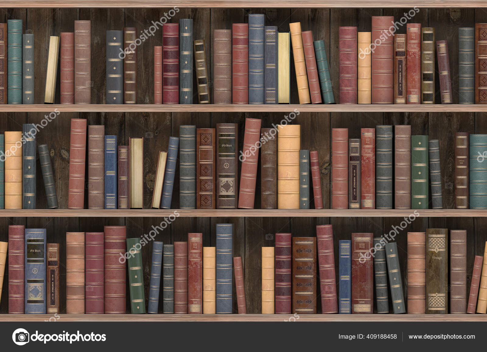 古い木製の棚のヴィンテージ本 古い図書館やアンティーク書店 シームレスなテクスチャ 壁紙や背景のタイル 3dイラスト ストック写真 C Maxxyustas