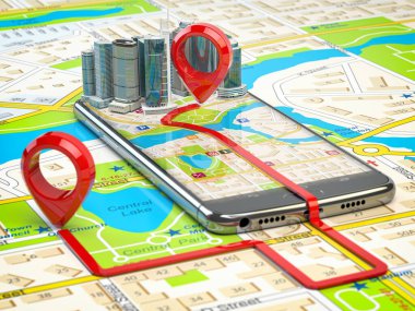 GPS navigasyon konsepti. Gökdelenli akıllı telefon uygulaması ve şehir haritasında rotası olan iki lobut. 3d illüstrasyon