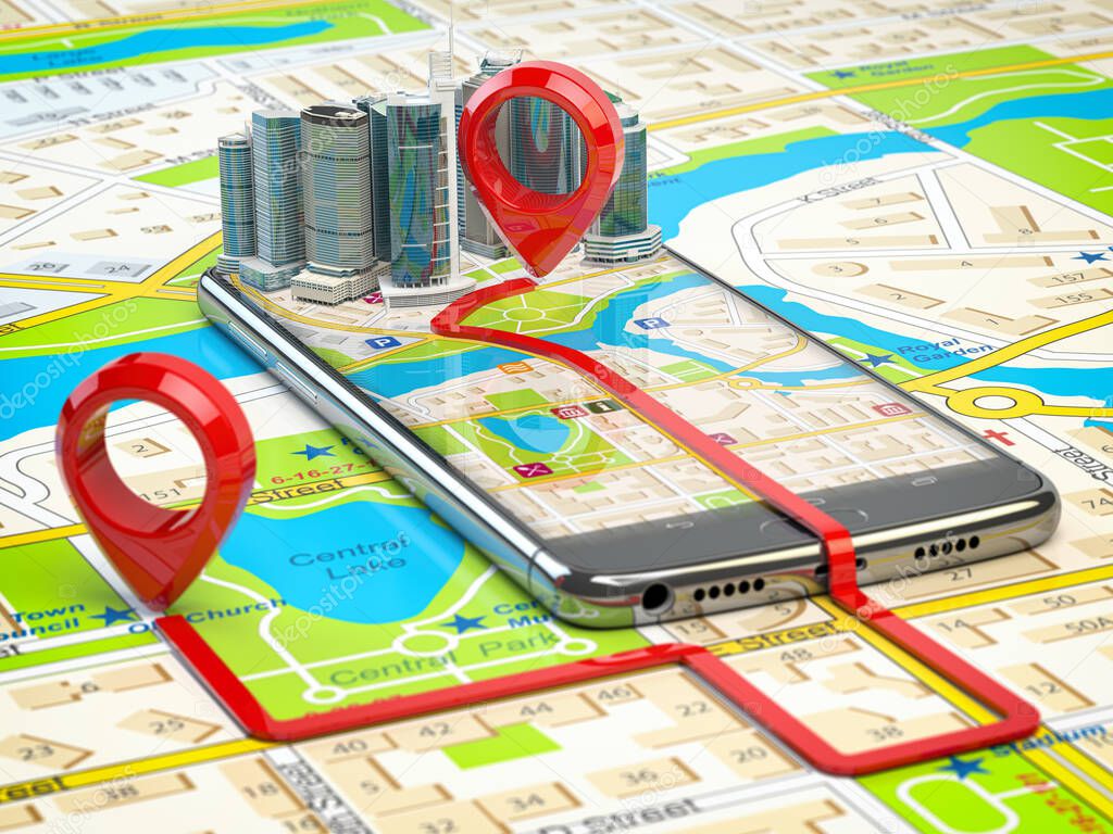 GPS navigation concept. Smartphone app with skyscrapers and two pins with route on city map. 3d illustration
