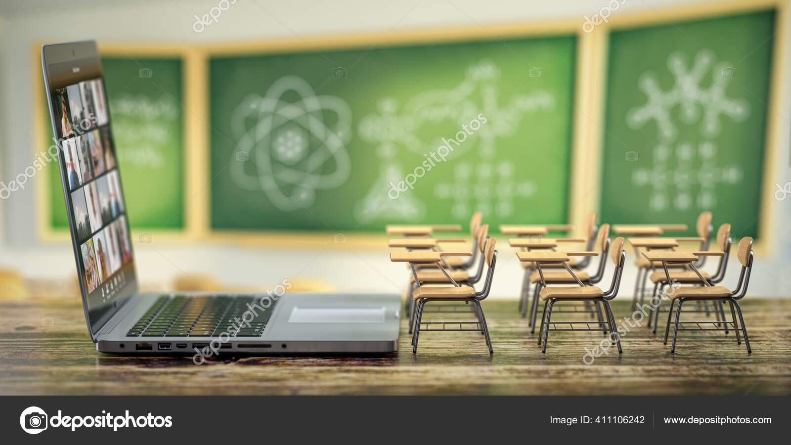 オンライン教育とeラーニングの概念 自宅隔離距離学習 教室の背景にあるブラックデスクのラップトップと学校の机 3dイラスト ストック写真 C Maxxyustas
