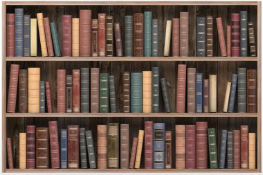 Beyaz üzerine izole edilmiş eski ahşap raflardaki antika kitaplar. Eski kütüphane veya antika kitapçı 3D illüstrasyon