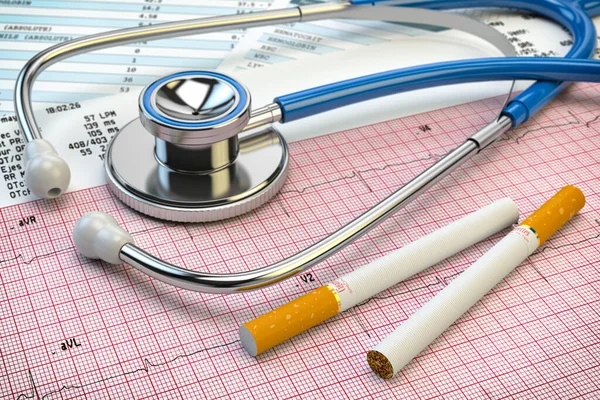 Stop Smoking Concept Stethoscope Cigarettes Electrocardiogram Report Heart Problem Due — Stock Photo, Image