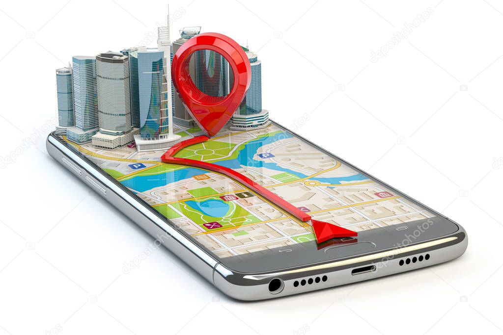 GPS navigation concept. Smartphone app with skyscrapers and pin with route on city map isolated on white. 3d illustration