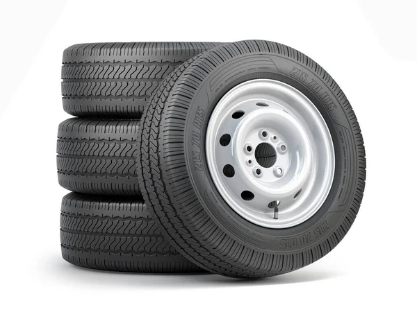 一套带轮胎的汽车车轮 用于货车和卡车 在白色背景上隔离 3D说明 — 图库照片