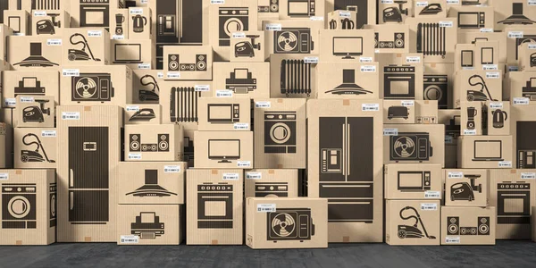 Domácí Spotřebiče Kuchyňská Elektronika Lepenkových Krabicích Skladu Koncept Nákupu Nakupování — Stock fotografie