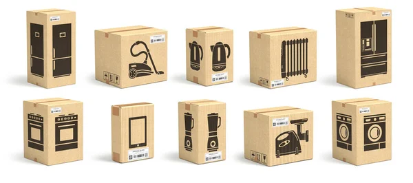 Conjunto Caixa Papelão Com Eletrodomésticos Eletrodomésticos Isolados Fundo Branco Ilustração — Fotografia de Stock
