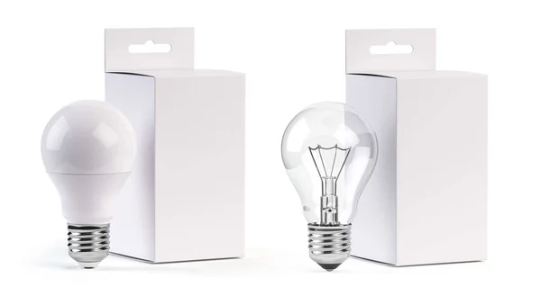 白色に分離された白紙の箱と電気電球Ledと白熱電球 3Dイラストをモックアップ — ストック写真