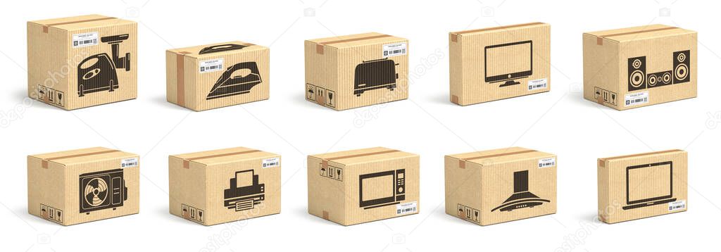 Set of cardboard box with appliances and household kitchen electornics isolated on white background. 3d illustration